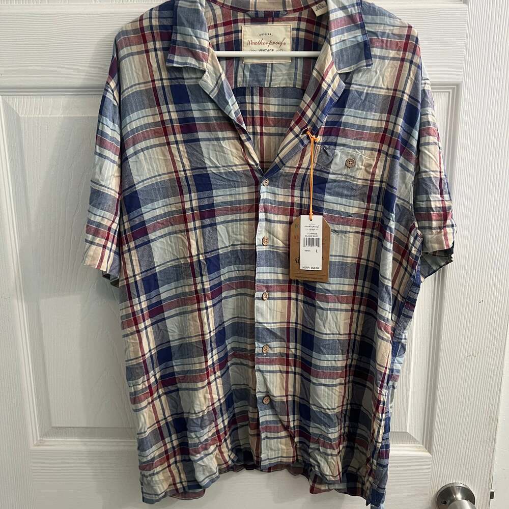 Weatherproof Vintage Air-Tex Mens Size L Plaid Button Up Shirt Blue Horizon NWT